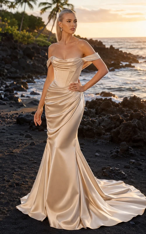 Robe de mariée sirène en satin drapé champagne à épaules dénudées pour un coucher de soleil de destination