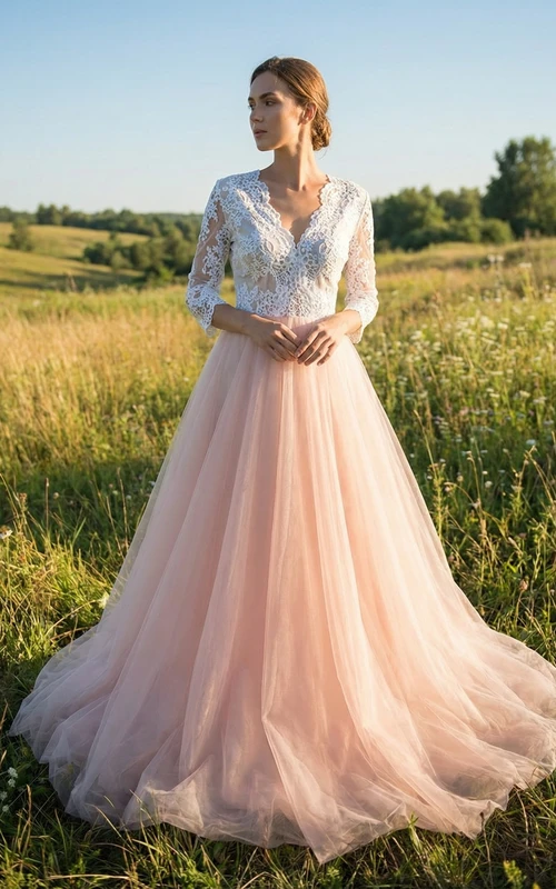 Vestido de novia rosa de tul y encaje con mangas
