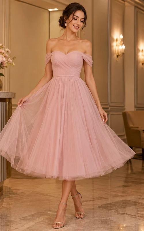 Blush Strapless Sleeveless Tulle Ball Gown Midi Dress