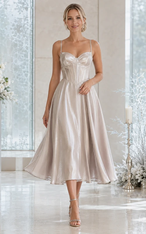 Vestido midi de satén plateado con escote corazón y tirantes finos tipo corsé.