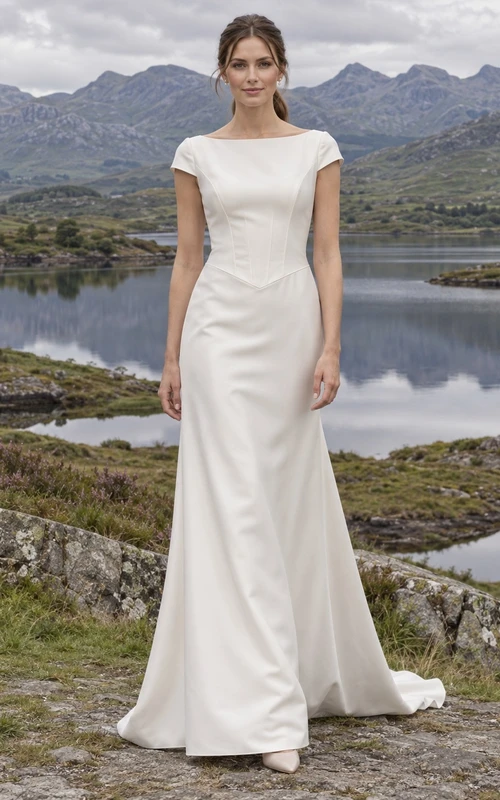 Vestido de novia sencillo de satén de algodón con escote barco, manga corta y cola.