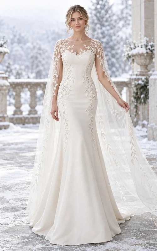 Vestido de novia de invierno estilo sirena con cuello joya transparente, encaje de hojas y capa de satén