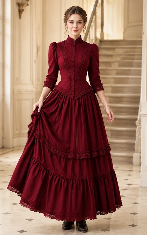 Vestido de noche largo hasta el suelo, de corte A, con cuello alto y mangas largas, de terciopelo burdeos y encaje fino