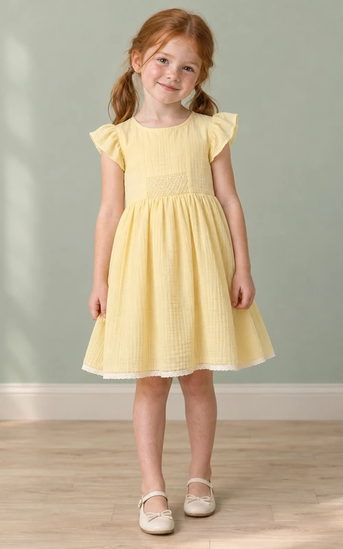Simple Modest Yellow Knee Length Compact Flutter Sleeve Smocked Gauze Flower Girl Dress