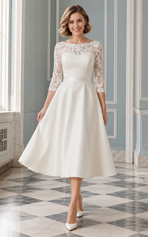 Affordable High Neck Lace Satin Wedding A Line Three Quarter Sleeve Tea Length