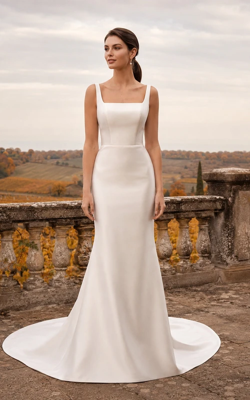 Herbstliches Brautkleid im Meerjungfrauenstil mit eckigem Ausschnitt und Schleppe im Landhausstil.