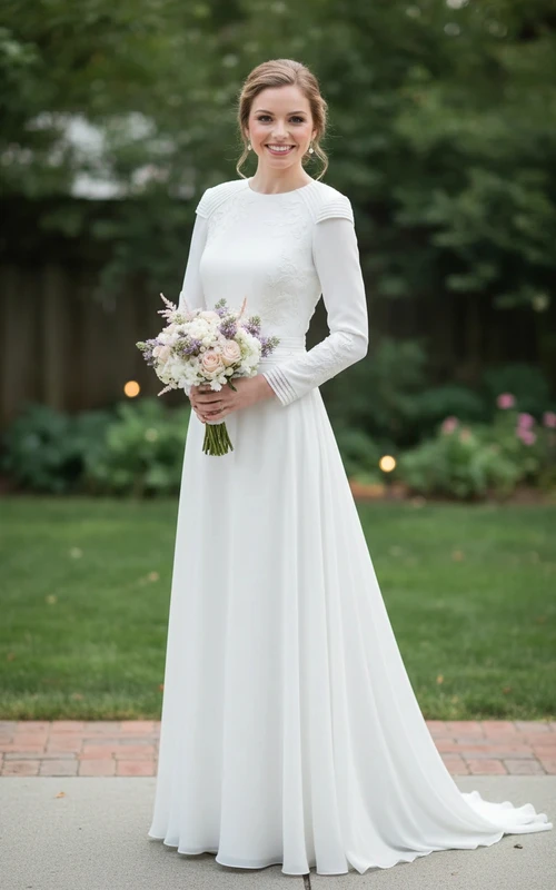 Vestido de novia plisado de gasa de corte conservador