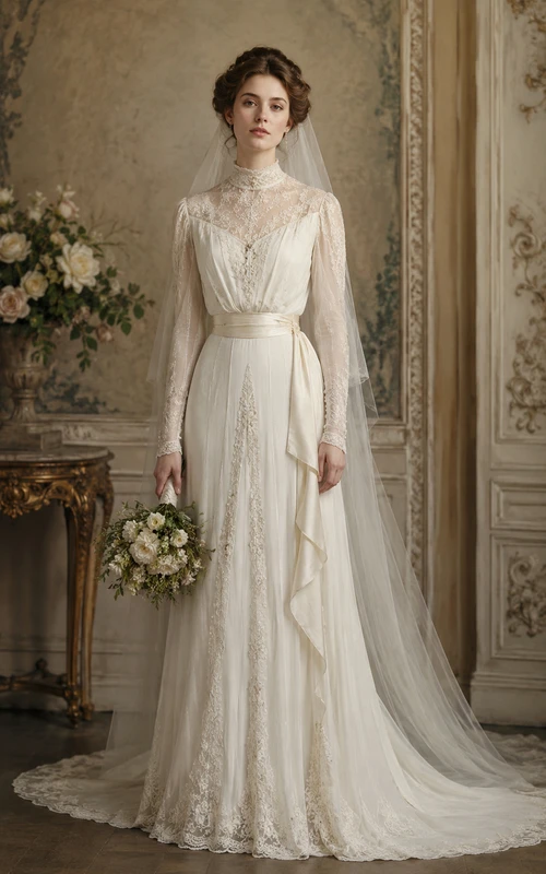 Vintage Empire Lace Long Sleeve Vintage Wedding Dress