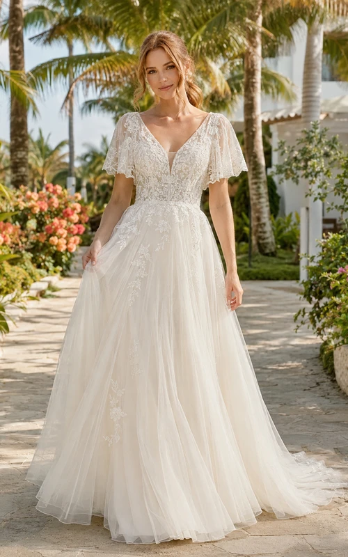 Beach Lace Tulle Wedding Dress A-Line V-Neck Cap Sleeve Sweep Train Bridal Gown