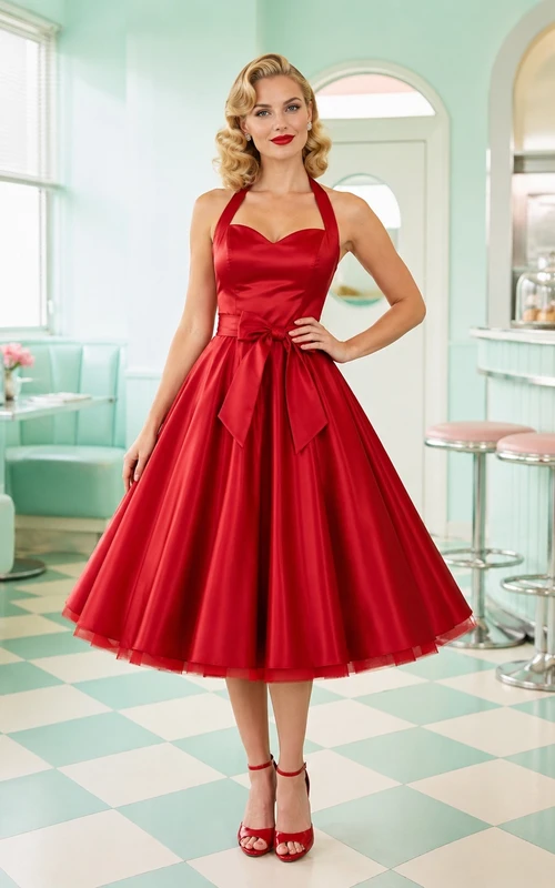 Rotes, ärmelloses Vintage-Cocktailkleid aus Satin mit Herzausschnitt und A-Linien-Schnitt, Teelänge