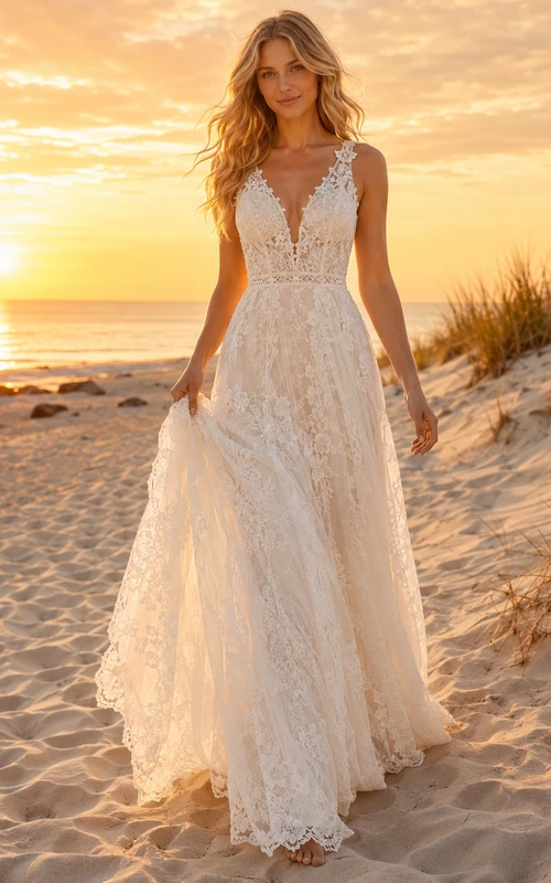 Open Back Bohemian Lace Beach Sunset Bridal Gown