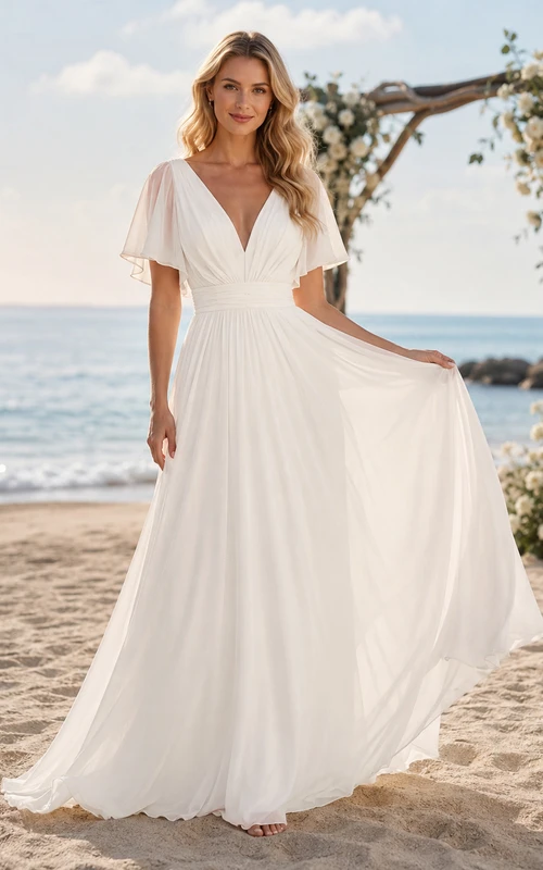 Robe de mariée décontractée en mousseline à manches papillon et col en V, style plage