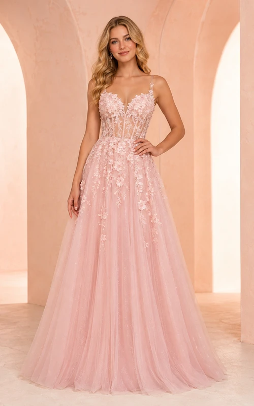 Vestido de fiesta de corte A con apliques florales de tul en color rosa rubor y tirantes finos.