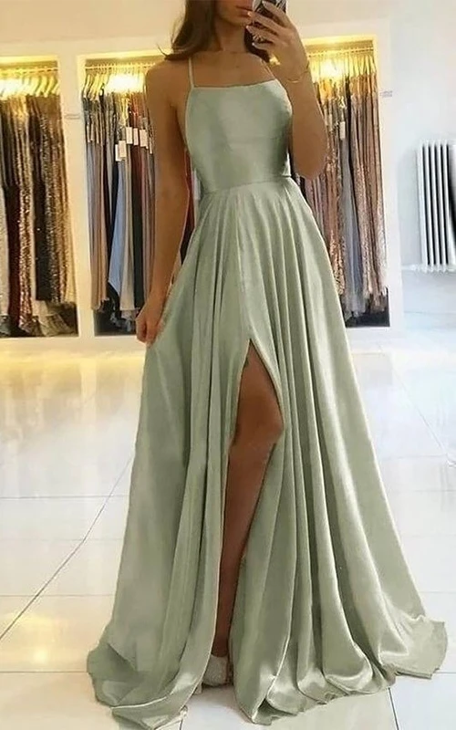 Vestido de fiesta de corte imperio verde espagueti con abertura frontal