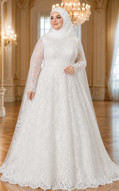 Plus Size Muslim Long Sleeve Lace Ball Gown Wedding Dress