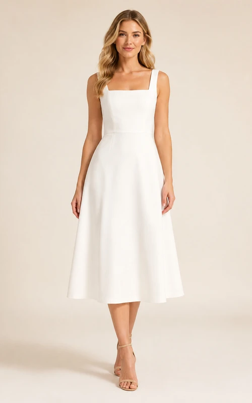 Robe de mariée civile simple en satin plissé à bretelles carrées et dos nu, coupe thé, ornée de plis et d'un drap-hauteur, pour un mariage civil.
