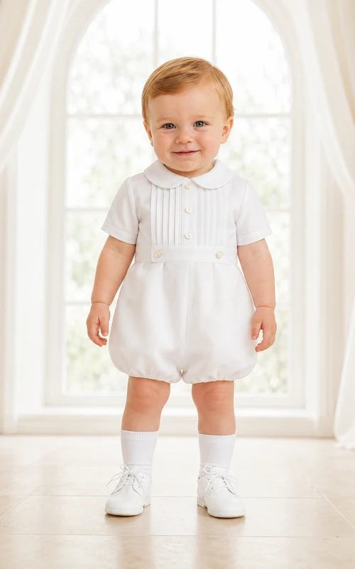 White Button Front Peter Collar Short Sleeve Christening Bubble for Baby Boy