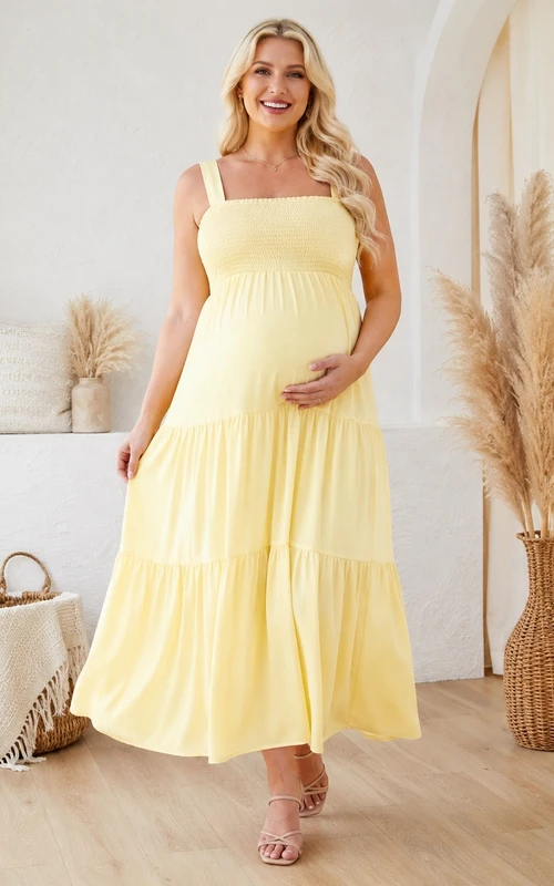Maternity Plus Size Yellow Square Neck Tiered Ankle-Length Casual Dress