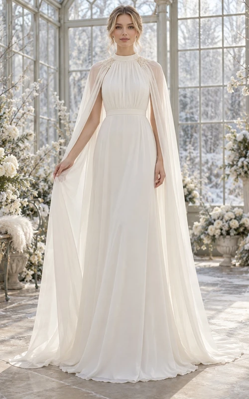 Modest High Neck Pleated Chiffon A-line Wedding Cape Dress