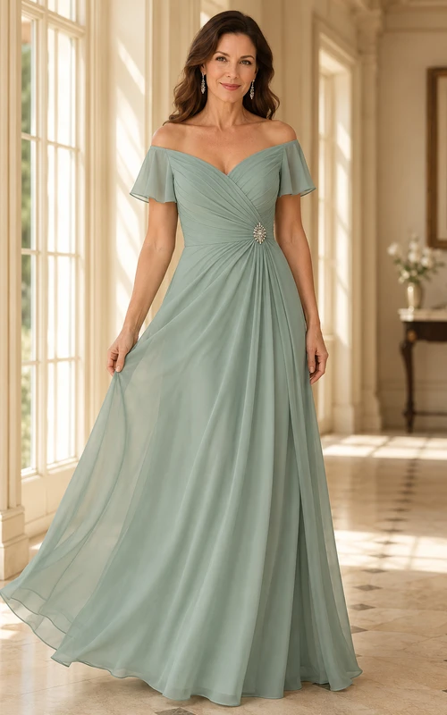 Salbeigrünes, schulterfreies Chiffon-Kleid in A-Linie mit Kristallbrosche