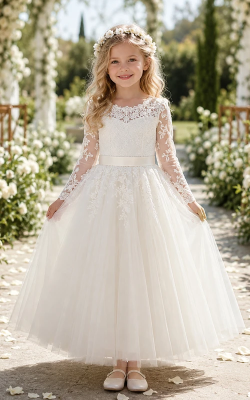 Vestido de niña de las flores, color marfil, encaje, tul, corte en A, manga larga, escote redondo, largo midi.
