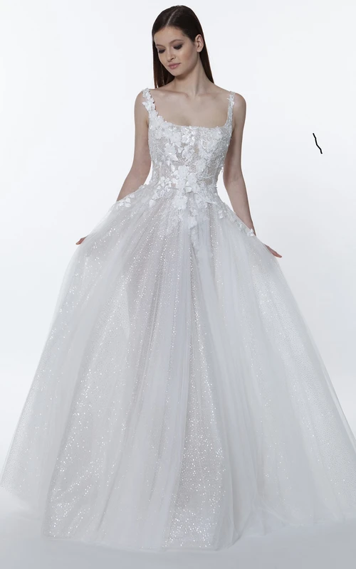Lässiges, quadratisches A-Linien-Brautkleid aus Tüll, bodenlang, ärmellos mit Applikationen