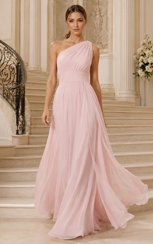 Blush One-Shoulder Draped Satin A-Line Floor Modern Formal Prom Gown
