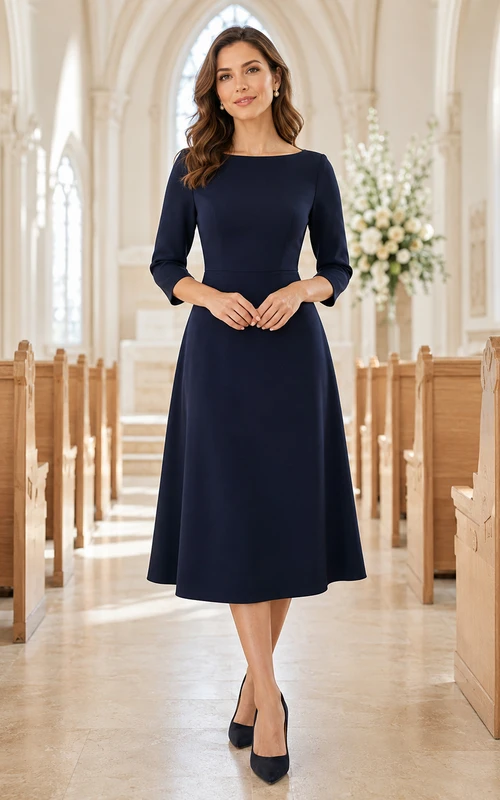 Navy Bateau Neck Three Quarter Sleeve Modest Church Midi Dress