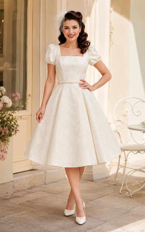 Vintage 1950s Square Neck Puff Sleeve Satin A-Line Tea Wedding Dress
