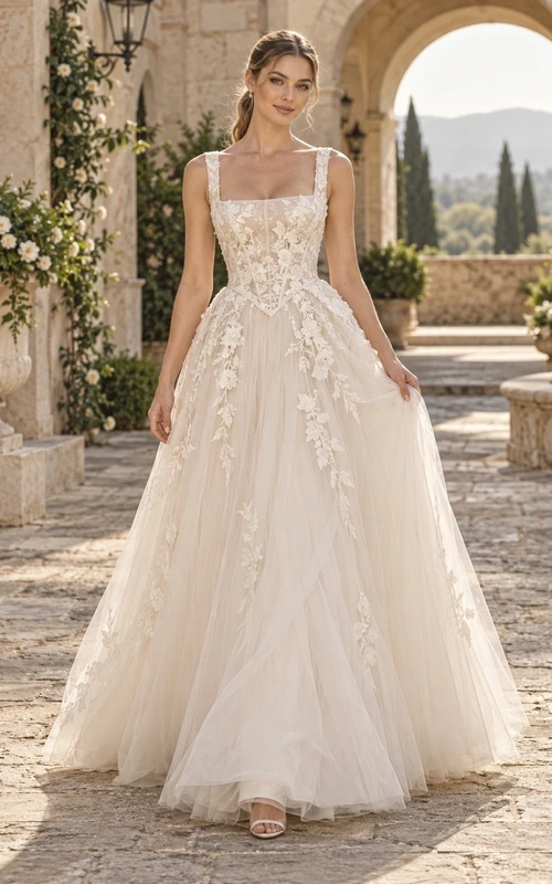 Hochzeitskleid mit eckigem Ausschnitt, floralen Applikationen, Tüll, A-Linie und Schleppe