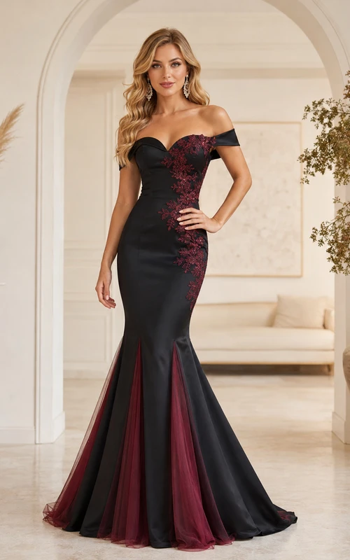 Vestido de noche largo hasta el suelo, estilo sirena, negro, sin mangas, con escote corazón, apliques de encaje satinado, abertura frontal, espalda en V profunda y cola.