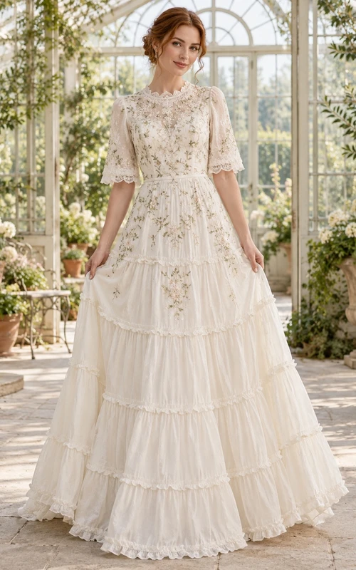 Vestido de novia romántico de algodón con cuello alto, mangas cortas y falda escalonada, corte en A y largo hasta el suelo