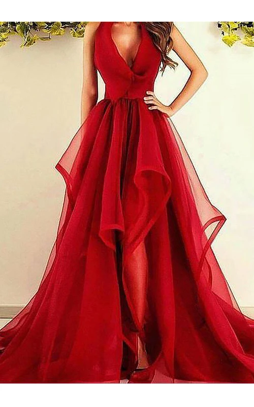 Robe trapèze en organza à col en V sans manches et fermeture éclair