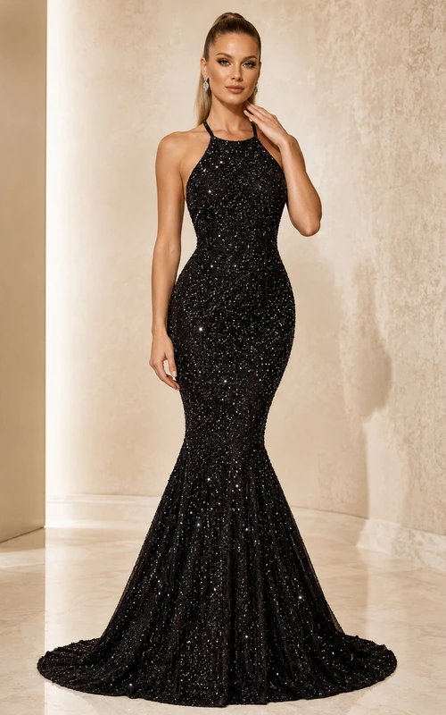 Vestido de fiesta de lujo Starlit Column Black Mermaid hasta el suelo, sin mangas, con escote halter y lentejuelas.