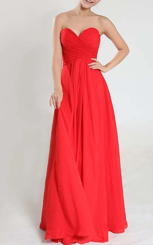 Bodenlanges Brautjungfernkleid aus Chiffon mit herzförmigem Herzausschnitt, Empire-Taille und überkreuzten Falten