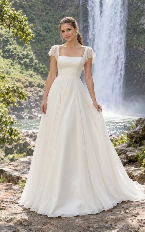 Vestido de novia sencillo de gasa con escote cuadrado, mangas cortas y corte en A con cola.