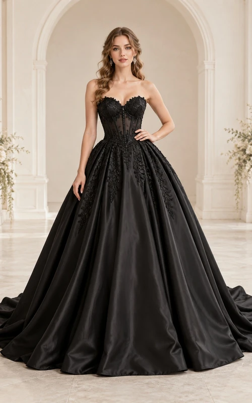 Black Strapless Sweetheart Corset Lace Satin Ball Gown Wedding Dress