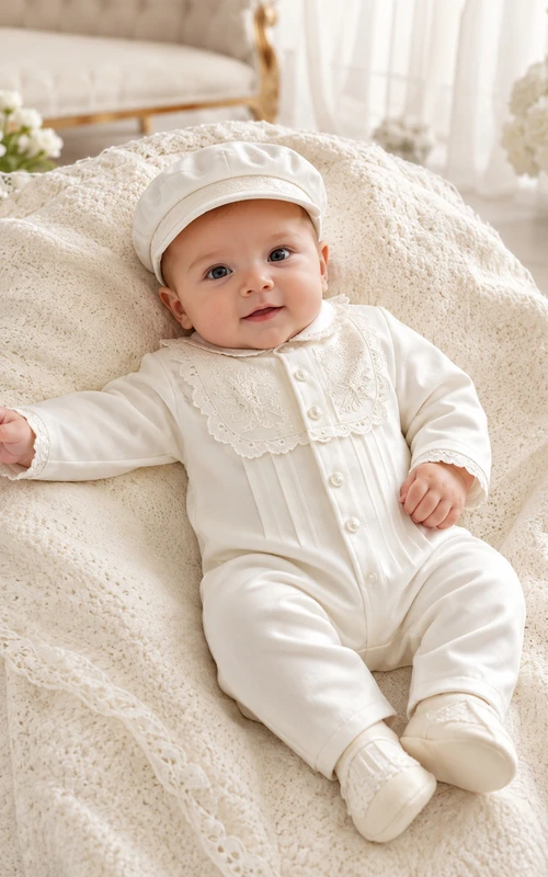 Ivory Lace Trim Long Sleeve Newborn Christening Footie for Baby Boy