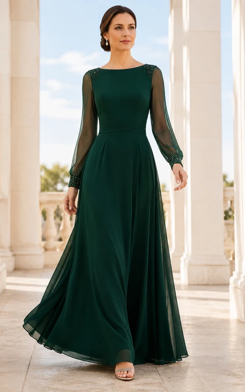 Dark Green Long Sleeve Chiffon A-Line Formal Dress