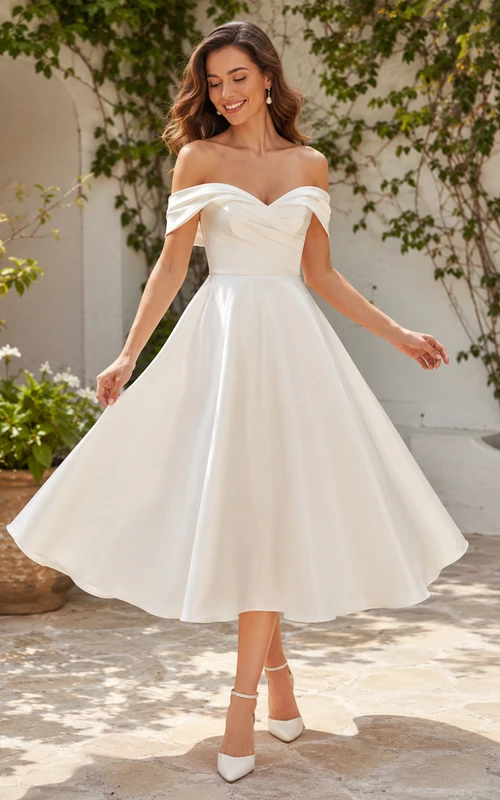 Romantic Civil Satin A Line Off Shoulder Sweetheart Tea Length Wedding Dress
