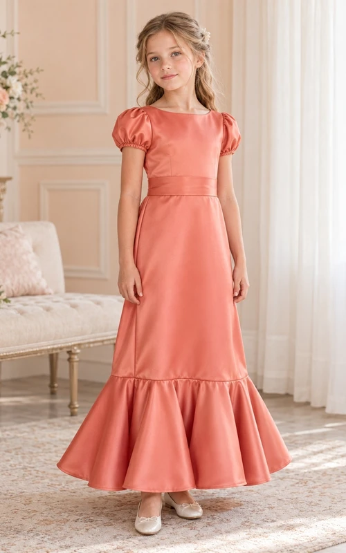 Coral Jewel Neck Puff Sleeve Fluted Hem Satin Flower Girl Dress