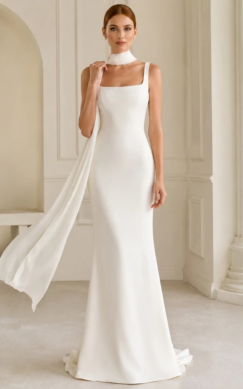 Satin-Hochzeitskleid, Etuikleid, eckiger Ausschnitt, ärmellos, Schleppe