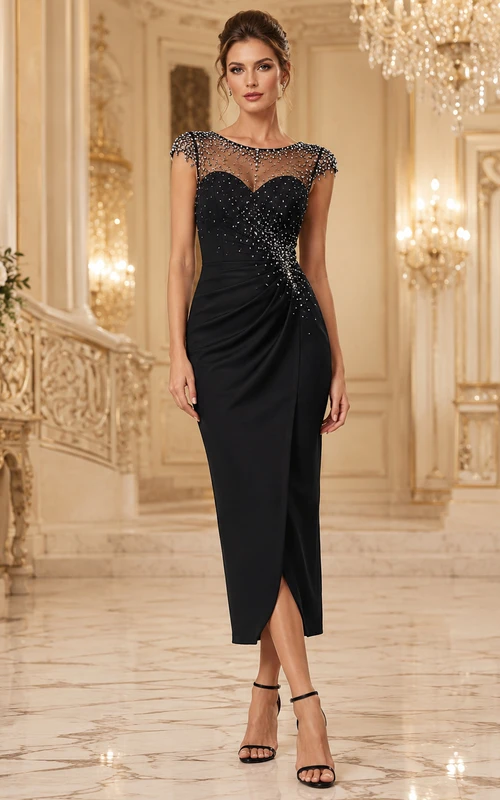 Vestido midi de satén negro con escote ilusión y detalles de cuentas para invitadas
