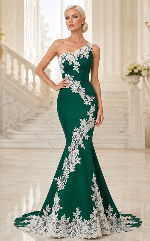 Emerald Embroidered Bridal Mermaid One-Shoulder Sleeveless Sweep Train Elegant Modern Gown