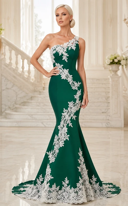 Elegantes, modernes Brautkleid im Meerjungfrauenstil mit Smaragdgrüner Stickerei, One-Shoulder-Schnitt, ärmellos und mit Schleppe