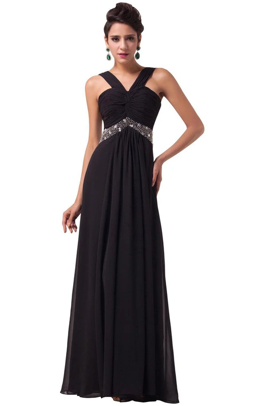 Vestido sexy de gasa sin mangas con cintura adornada con cuentas