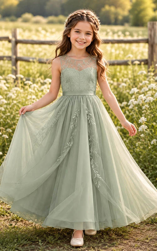Robe de demoiselle d'honneur romantique couleur sauge, longueur cheville, coupe trapèze, en tulle, col illusion, application florale