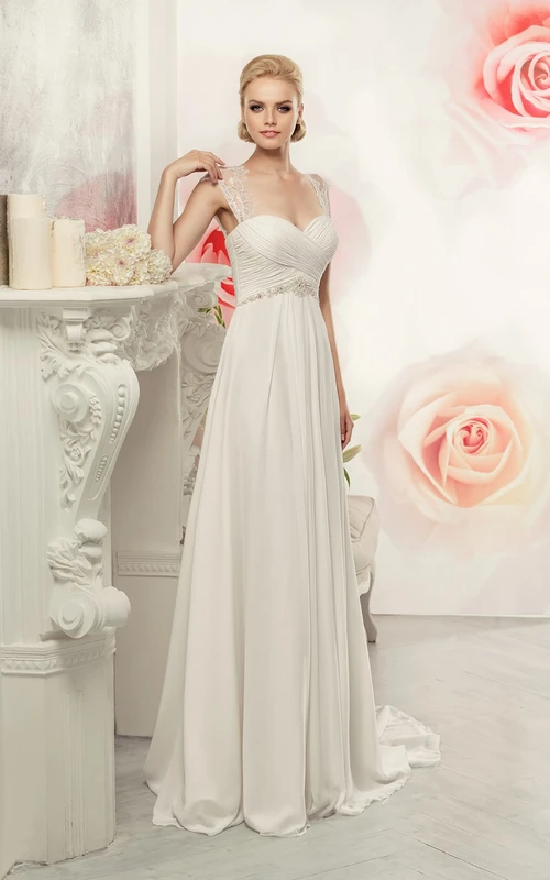 Ärmelloses, figurbetontes Maxikleid im Queen-Anne-Stil aus Chiffon mit Schlüssellochausschnitt, gekreuzten Trägern und Taillenschmuck