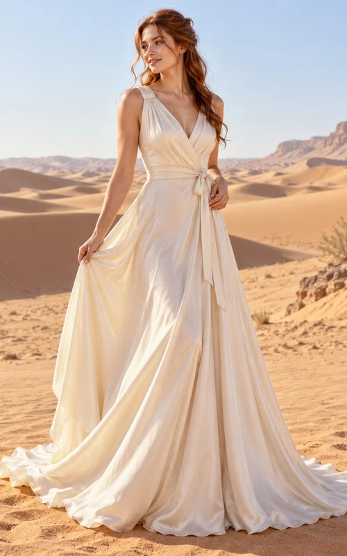 Vestido de novia sencillo de satén con escote en V, corte en A y fruncido, con fajín.