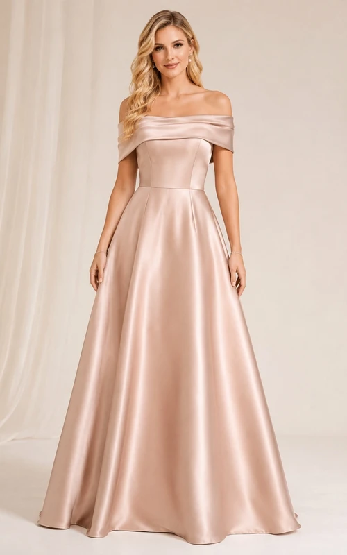 Pearl Pink Satin Off-the-shoulder A-Line Pleated Floor-length Romantic Formal Gown